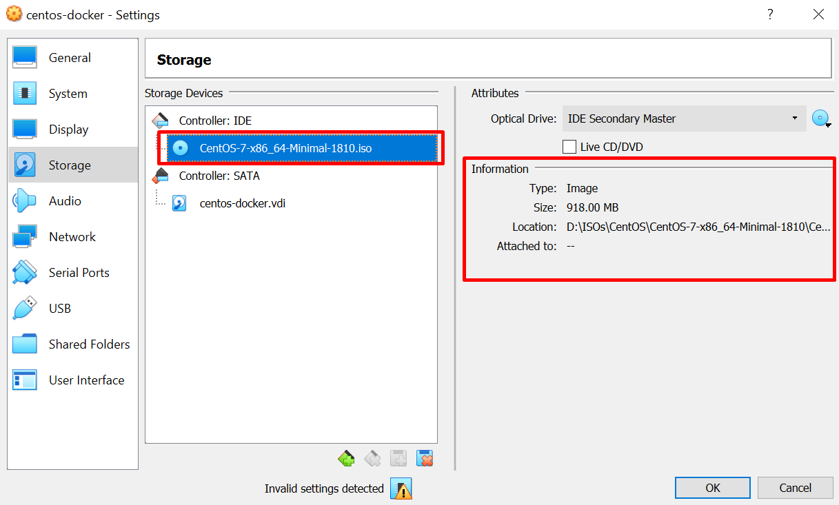 information after attaching iso file in virtualbox