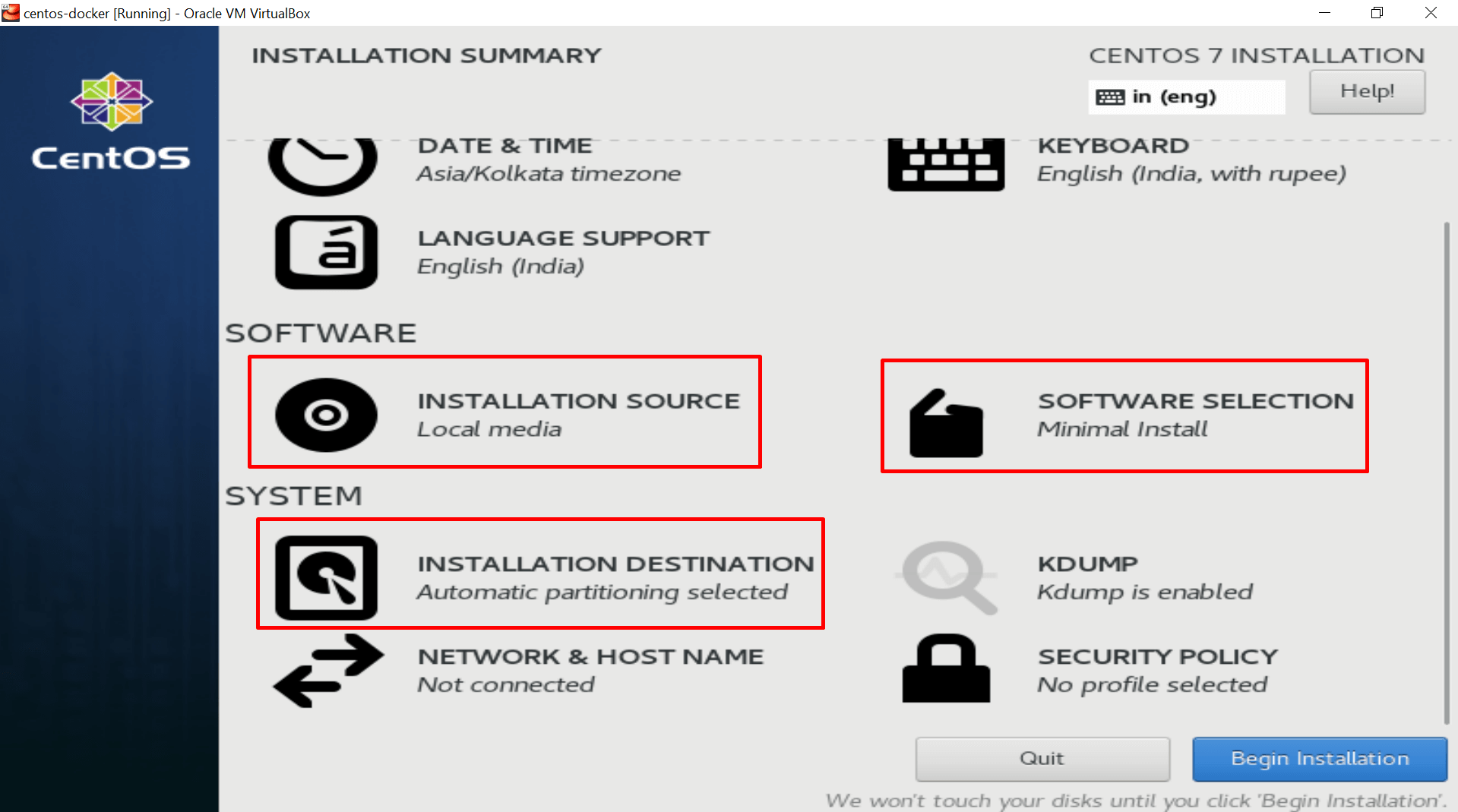 options to set during centos installation in virtualbox