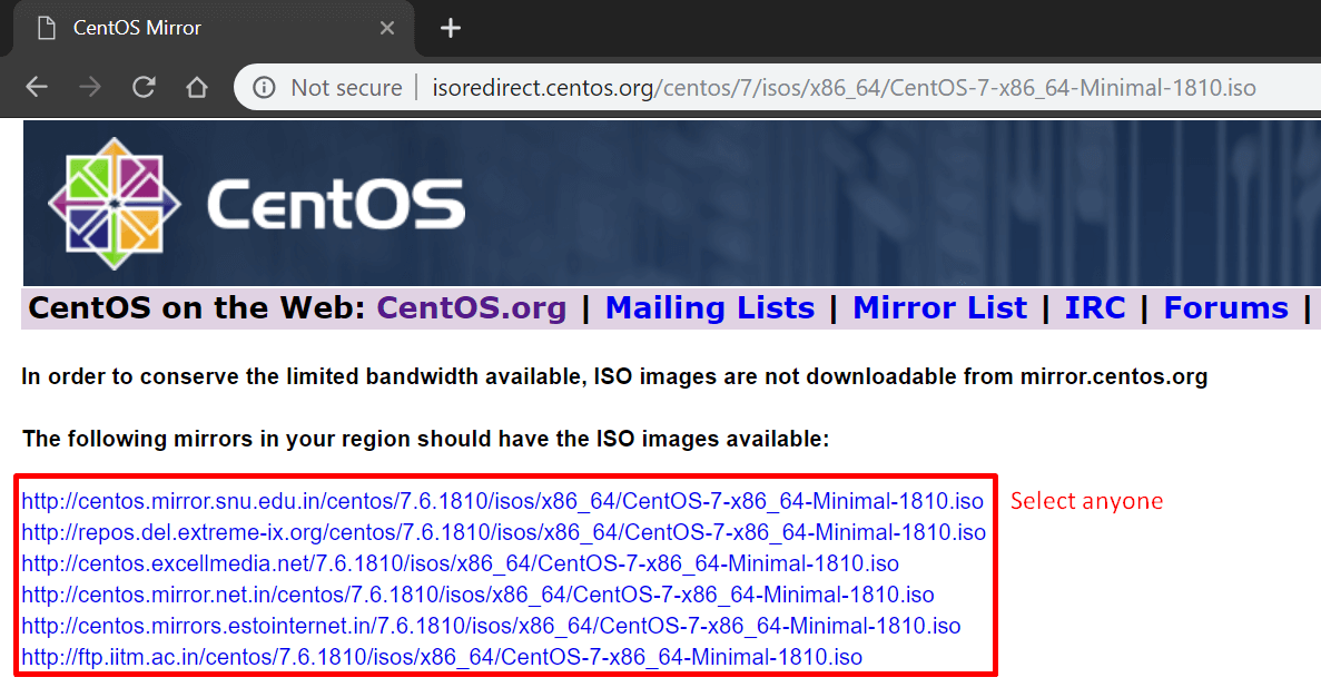 download centos minimal iso from available mirrors