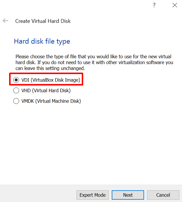 hard disk option for virtual machine in virtualbox