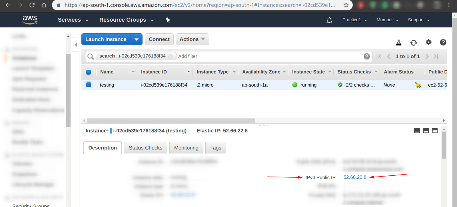 Check IP address of an instance in aws ec2 dashboard