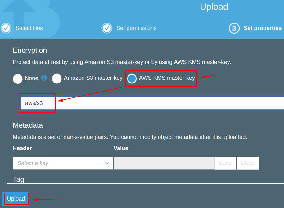 Upload and encrypt with Amazon KMS master key