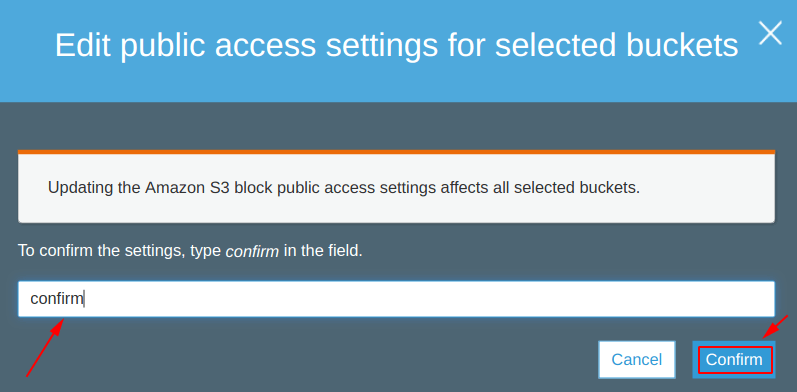 Confirm the public access change for a S3 bucket