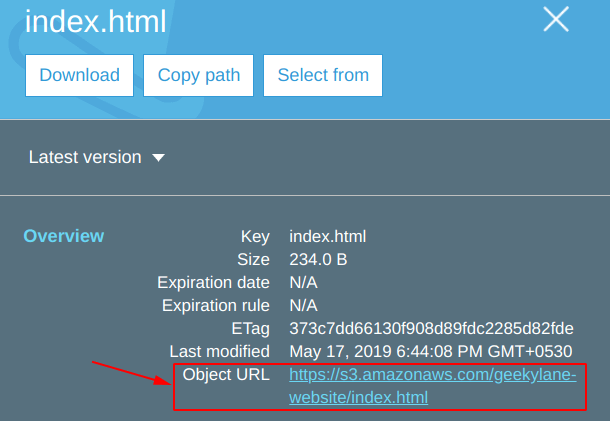 Copy the object URL of index html file