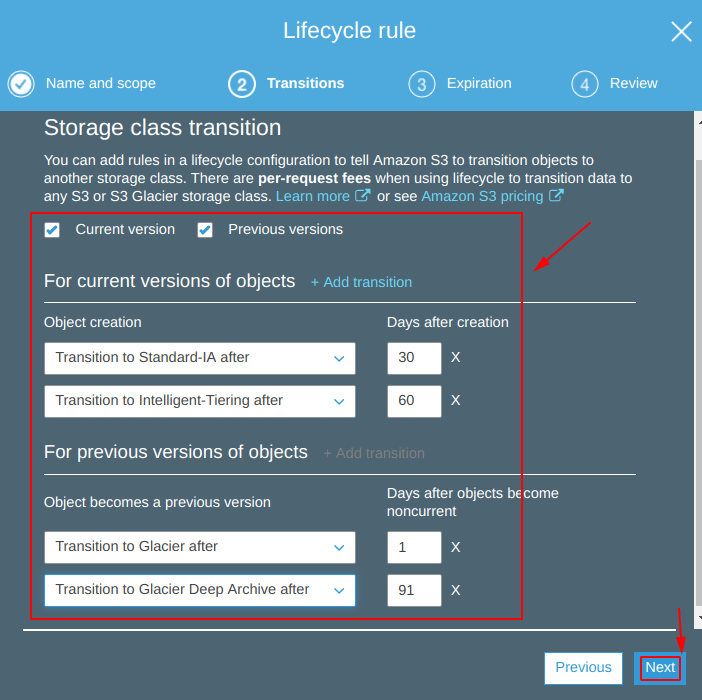 Specify the storage class transition