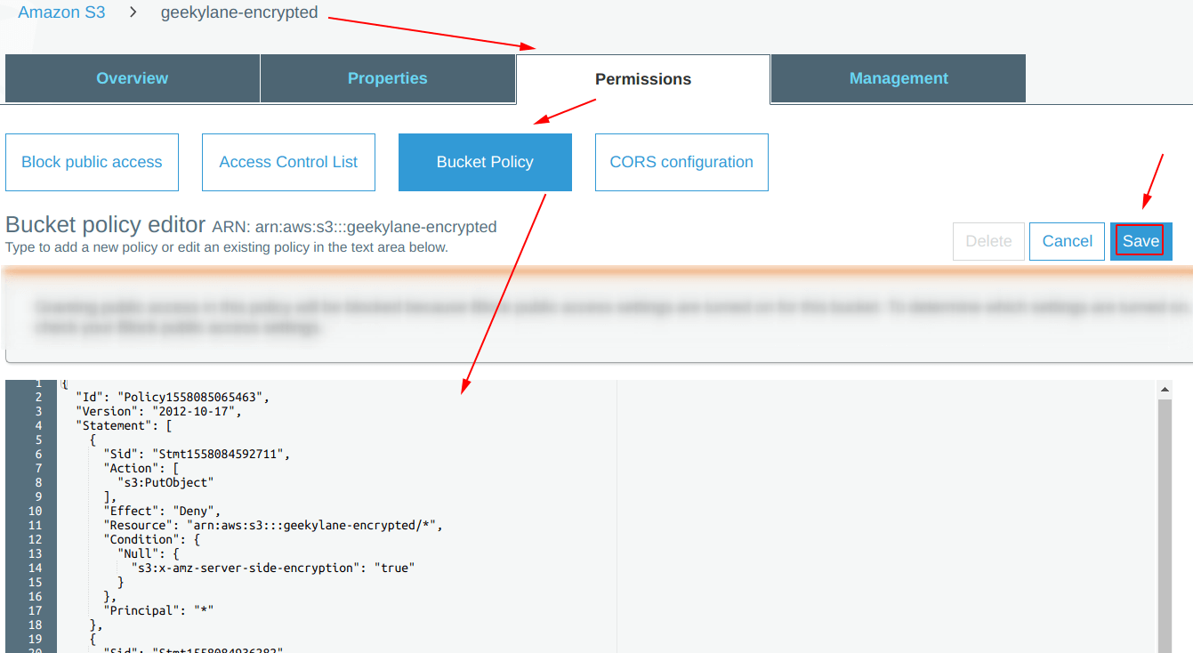 Paste and save the policy in bucket policy editor