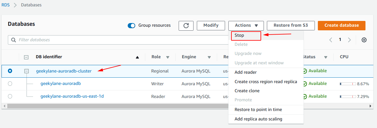 Stop amazon aurora database instance