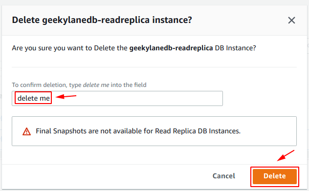 Confirm deletion of Read Replica