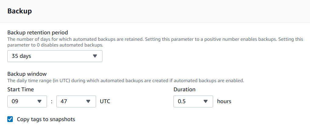 Enable backup of an RDS instance