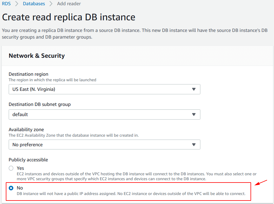 Create read replica DB instance - Network and Security